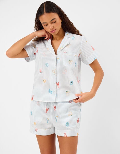Embroidered Stripe Short Pyjamas Set, Blue (BLUE), large