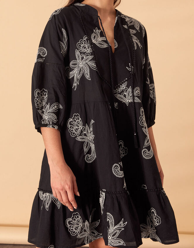 Embroidered Tassel Mini Dress, Black (BLACK WHITE), large