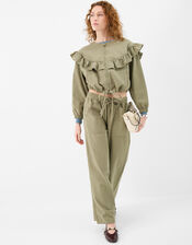 Wide Leg Denim Trousers, Green (KHAKI), large