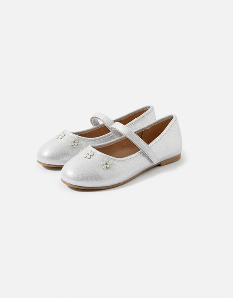 Girls Flower Ballerina Flats, Silver (SILVER), large