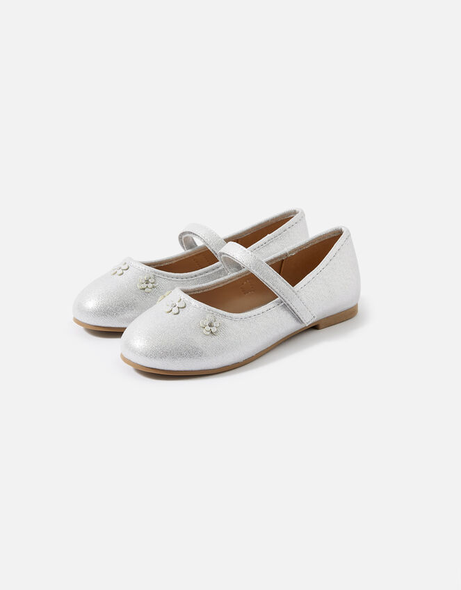 Girls Flower Ballerina Flats, Silver (SILVER), large