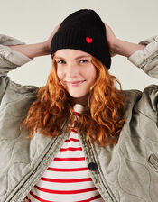 Embroidered Heart Beanie Hat, Black (BLACK), large