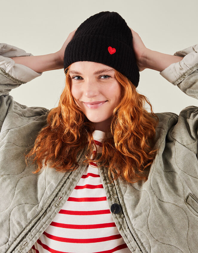 Embroidered Heart Beanie Hat, Black (BLACK), large
