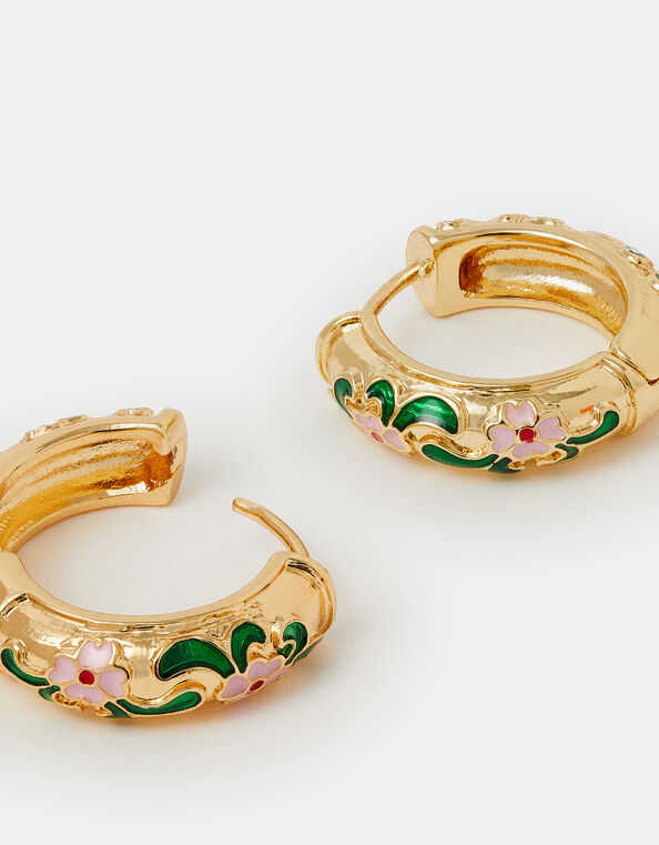 Enamel Floral Hoop Earrings, , large