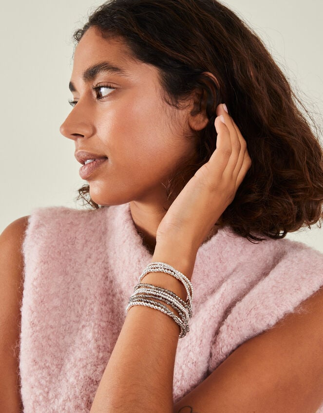 Beaded Stretch Bracelets 9 Pack, Silver (SILVER), large