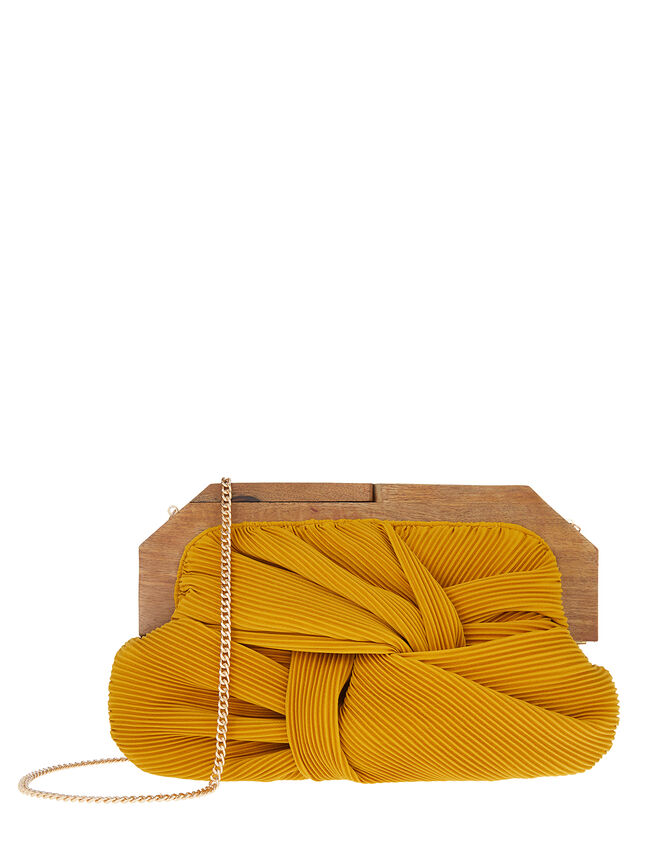 Brooke Pleated Clutch Bag with Wooden Frame, Yellow (YELLOW), large