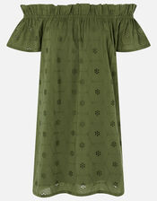 Schiffly Bardot Dress in Organic Cotton, Green (KHAKI), large