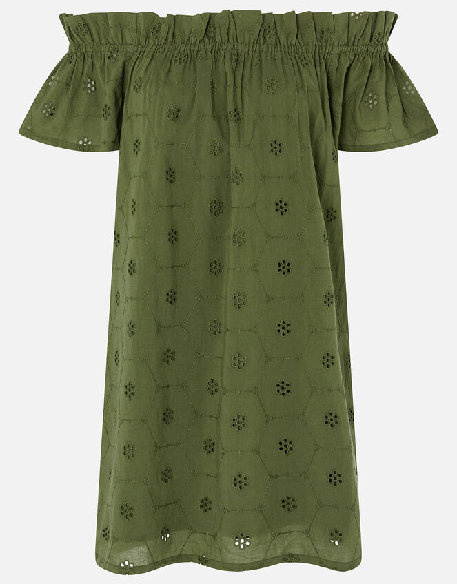Schiffly Bardot Dress in Organic Cotton, Green (KHAKI), large