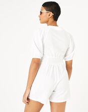 Puff Sleeve Playsuit in Pure Linen , Cream (CREAM), large
