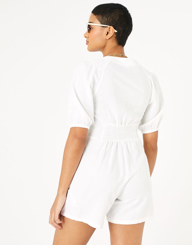 Puff Sleeve Playsuit in Pure Linen , Cream (CREAM), large