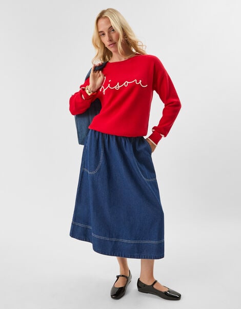 A-Line Denim Midi Skirt, DENIM, large