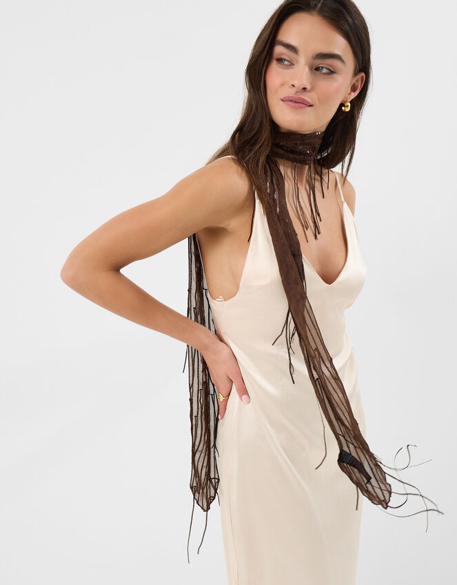 Sequin Tassel Skinny Scarf, , large