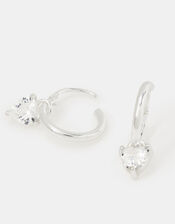Sterling Silver Diamanté Heart Drop Hoop Earrings, , large
