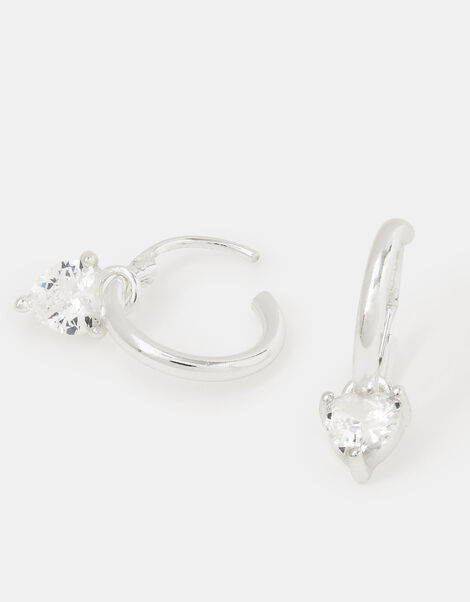 Sterling Silver Diamanté Heart Drop Hoop Earrings, , large