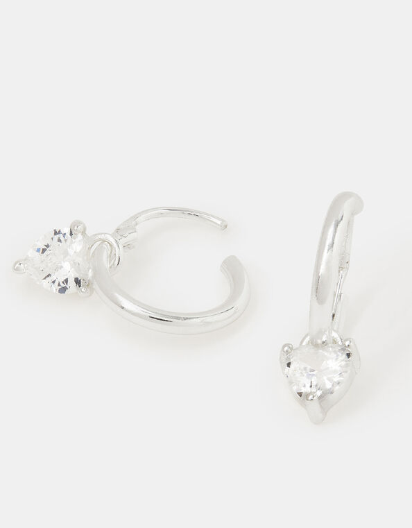 Sterling Silver Diamanté Heart Drop Hoop Earrings, , large