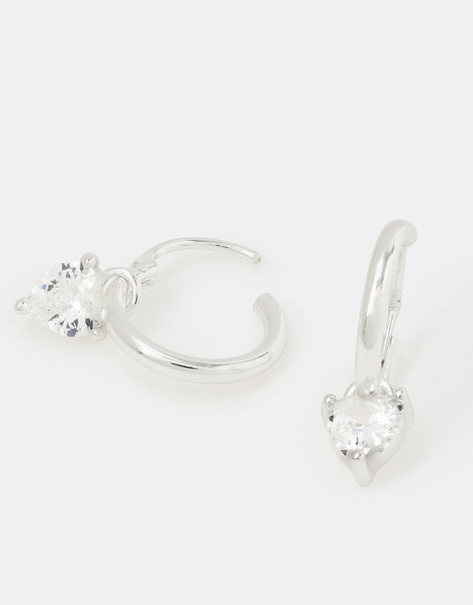 Sterling Silver Diamanté Heart Drop Hoop Earrings, , large