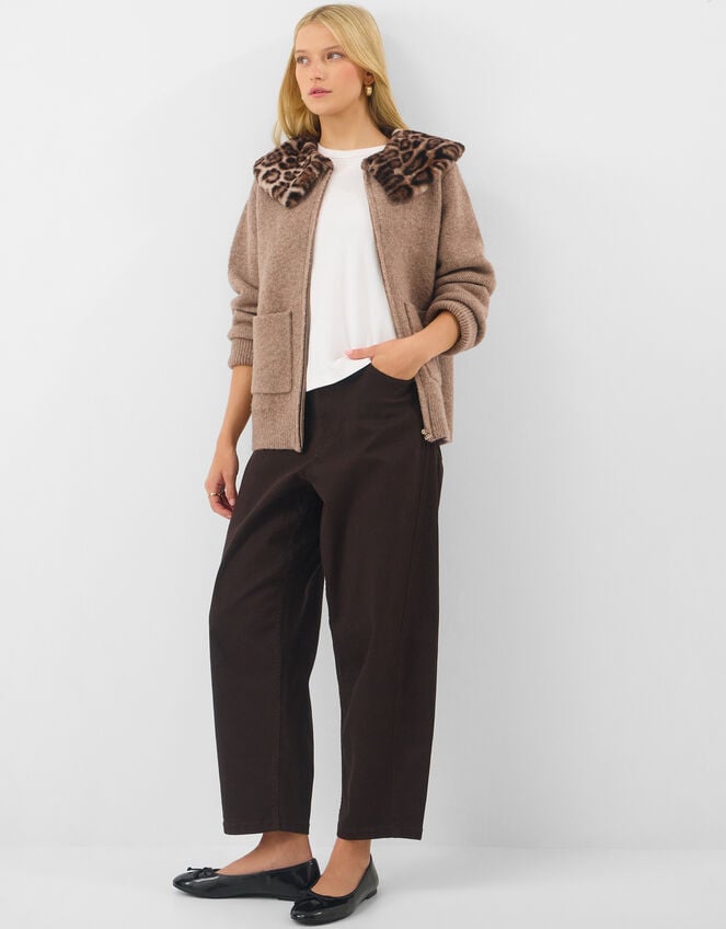 Faux Fur Leopard Print Collar Cardigan, Natural (NATURAL), large
