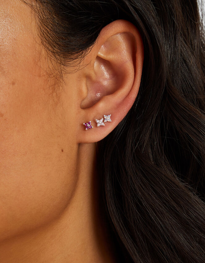 3-Pack Sterling Silver-Plated Flower Stud Earrings, , large