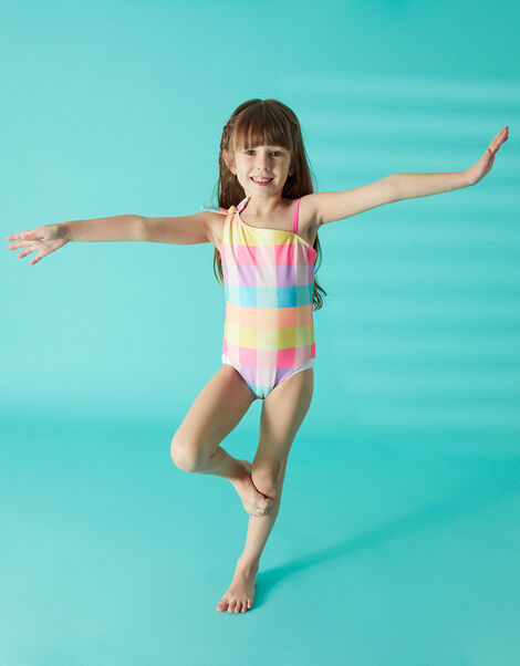 Girls Asymmetric Check Swimsuit, Multi (BRIGHTS-MULTI), large