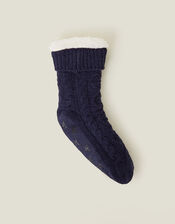 Cable Knit Slipper Socks, Blue (NAVY), large