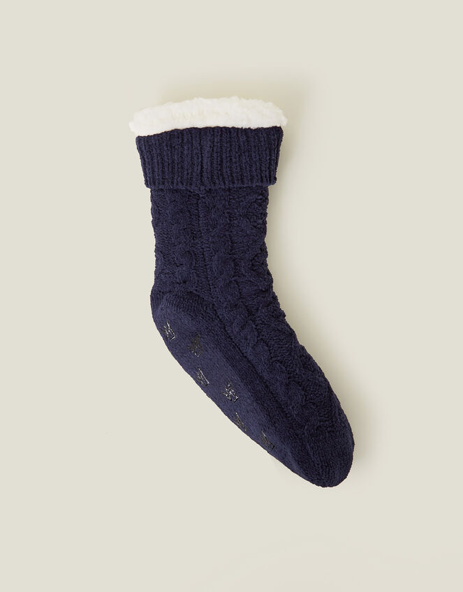 Cable Knit Slipper Socks, Blue (NAVY), large