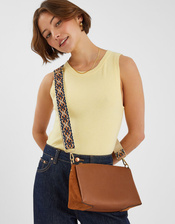 Webbing Strap Suedette Crossbody Bag, Tan (TAN), large