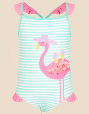 Girls Flamingo Stripe Swimsuit, Blue (BLUE), large