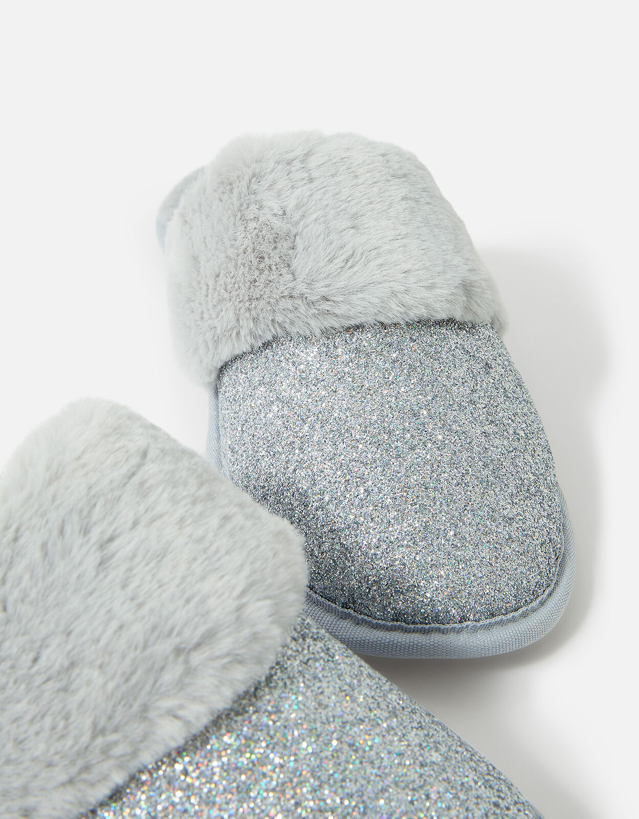 Glitter Fluffy Mule Slippers Silver