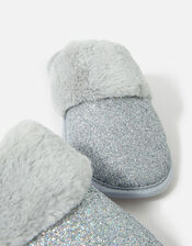 Glitter Fluffy Mule Slippers, Silver (SILVER), large