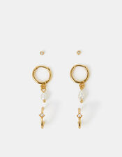 3-Pack 14ct Gold-Plated Pearl and Stud Hoop Earrings, , large