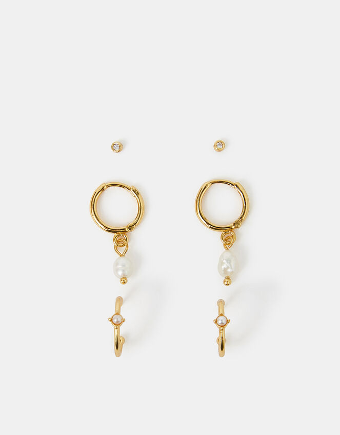 3-Pack 14ct Gold-Plated Pearl and Stud Hoop Earrings, , large
