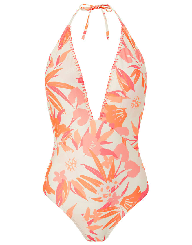 Printed Plunge Swimsuit with Recycled Polyester, Orange (CORAL), large