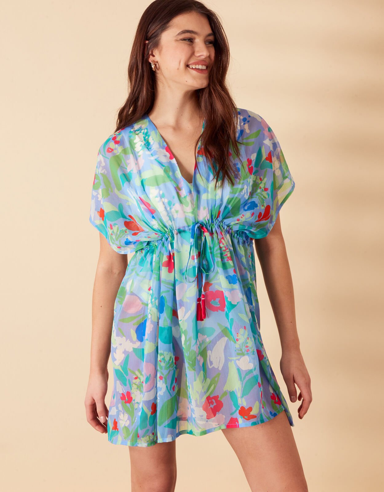 Abstract Floral Chiffon Kaftan with Recycled Polyester Multi Kaftans Cover Ups Accessorize UK