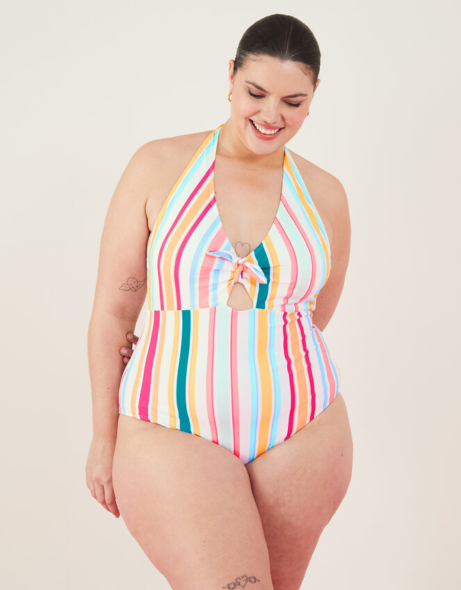 Stripe Halter Neck Shaping Swimsuit , Multi (BRIGHTS-MULTI), large
