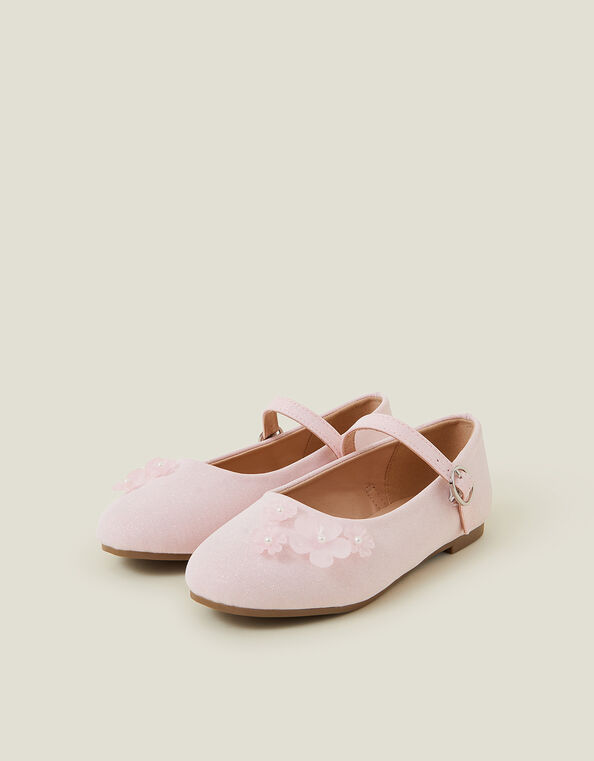 Girls Flower Glitter Strappy Ballet Flats, Pink (PINK), large