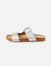 Buckle Footbed Leather Sandals , Silver (SILVER), large