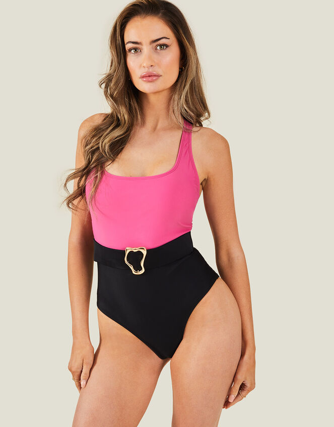 Colour Block Belt Swimsuit, Pink (PINK), large