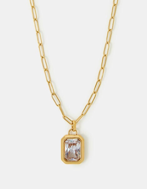 Stainless Steel Rectangle Stone Pendant Necklace, , large