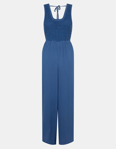 Sleeveless Crochet Jumpsuit, Blue (NAVY), large