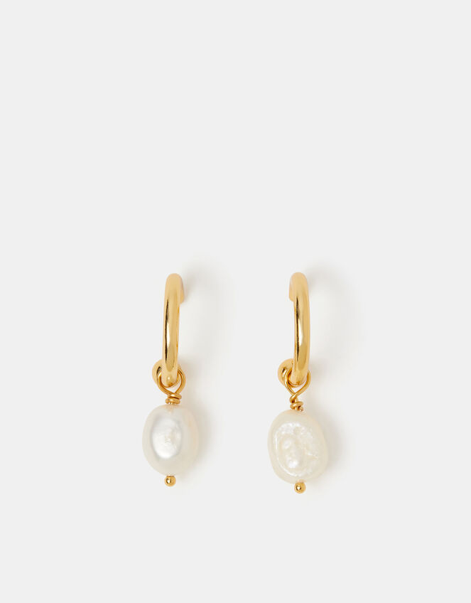 14ct Gold-Plated Pearl Drop Hoop Earrings, , large