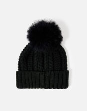 Chunky Knit Pom-Pom Beanie, Black (BLACK), large