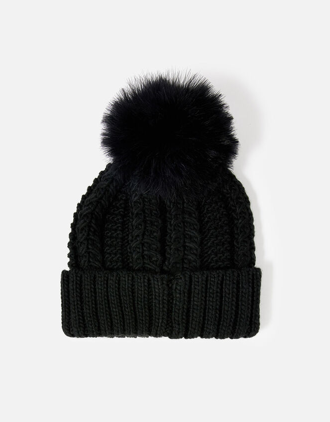 Chunky Knit Pom-Pom Beanie, Black (BLACK), large