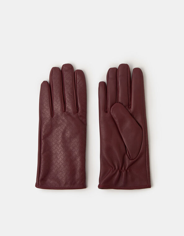 Woven Leather Gloves, Red (BURGUNDY), large