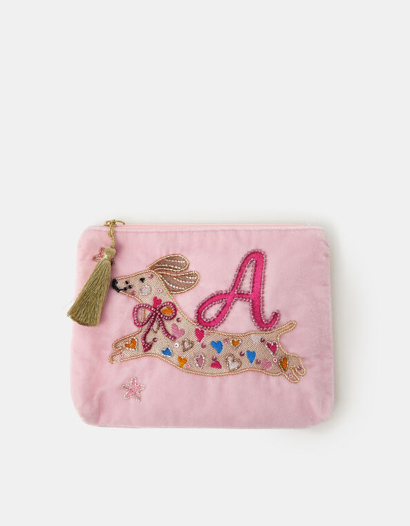 Girls Embroidered Sausage Dog Initial Velvet Pouch, Pink (PINK), large