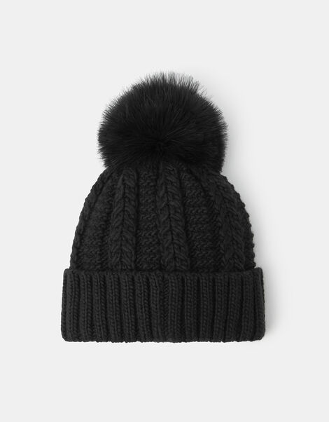 Pom-Pom Beanie Hat, Black (BLACK), large