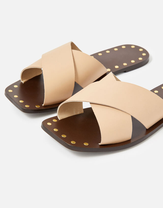 Crossover Studded Leather Sliders, Nude (NUDE), large