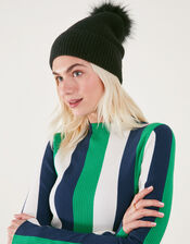 Knit Pom-Pom Beanie with Recycled Fabric, Black (BLACK), large