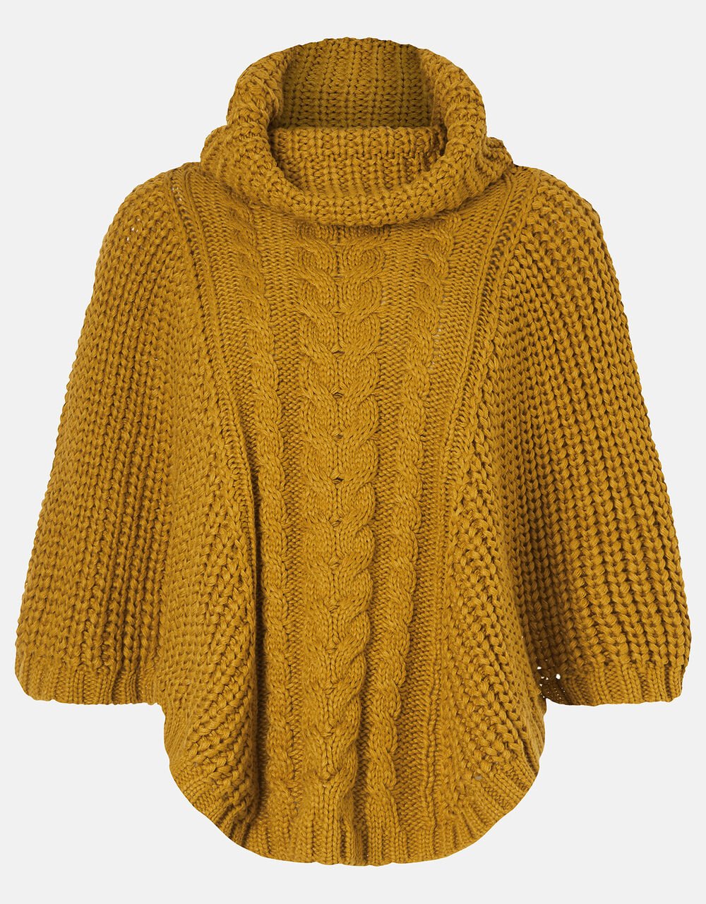 Cable Knit Poncho, Yellow (OCHRE), large