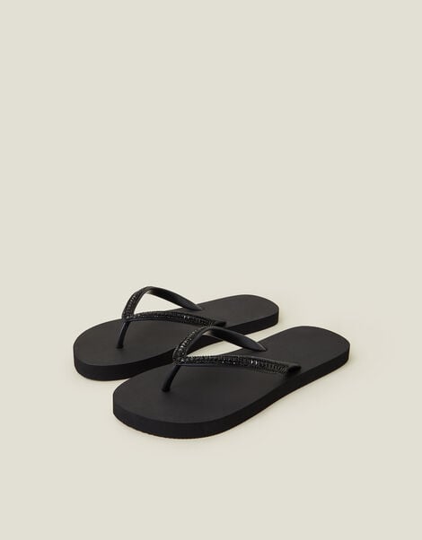 Crystal Embellished Flip Flops, Black (BLACK), large