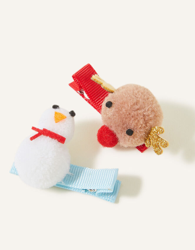 Girls Pom-Pom Christmas Hair Clips Set of Two, , large